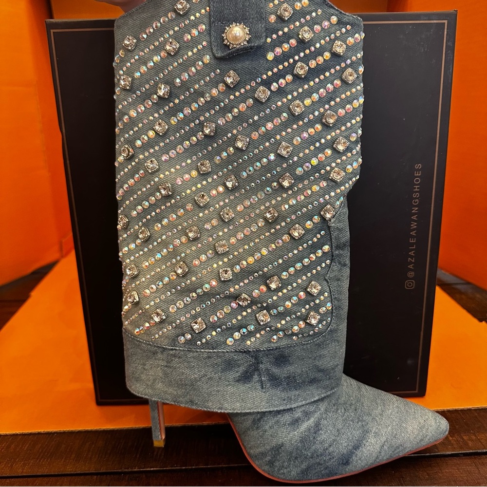 Azalea Wang Pollie Denim & Rhinestone Boots Size 8.5 Stiletto bootie